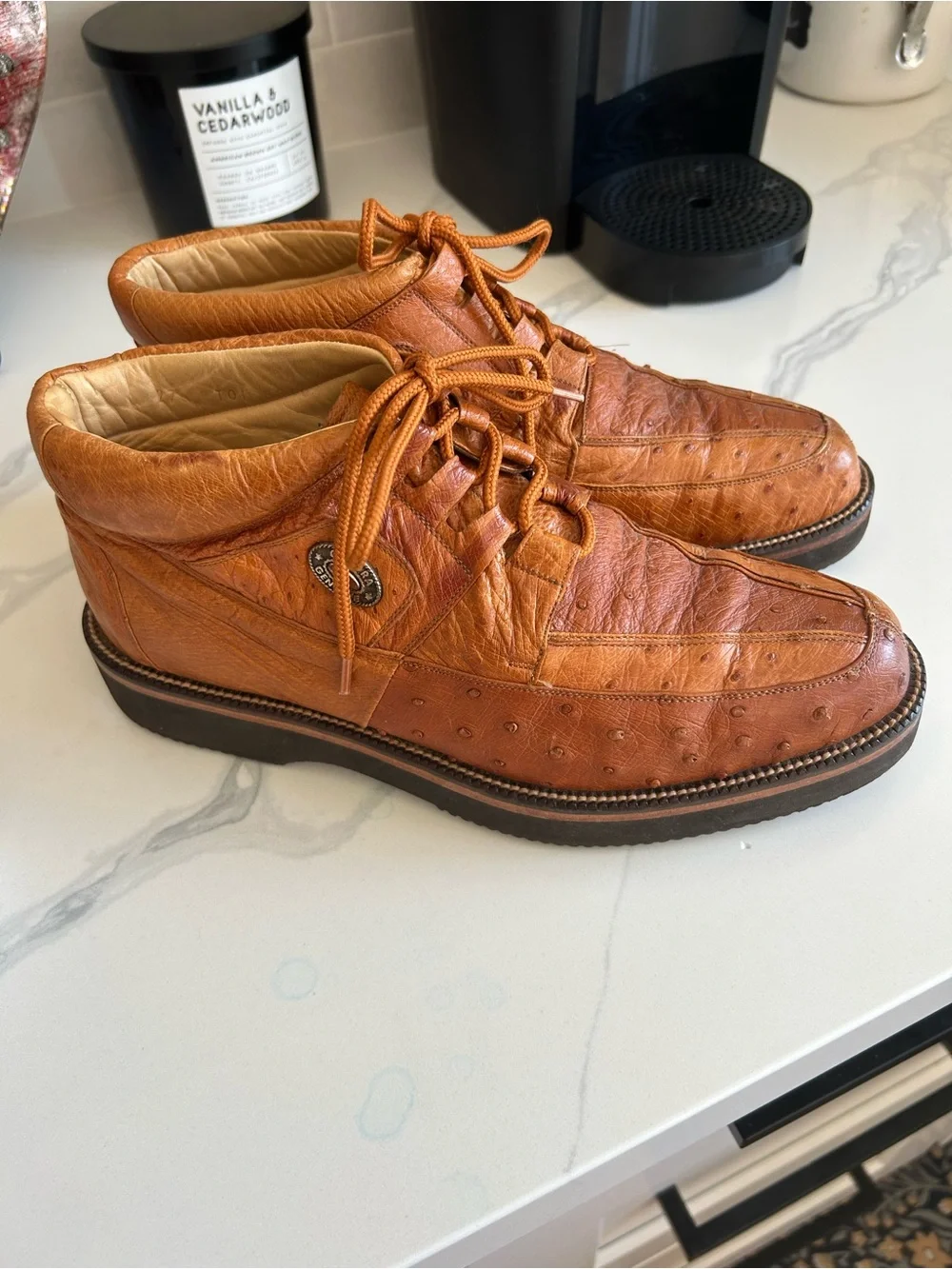 Mexico Cuadra Men's Tan Ostrich Leather Lace-Up Casual Boots. Size 7